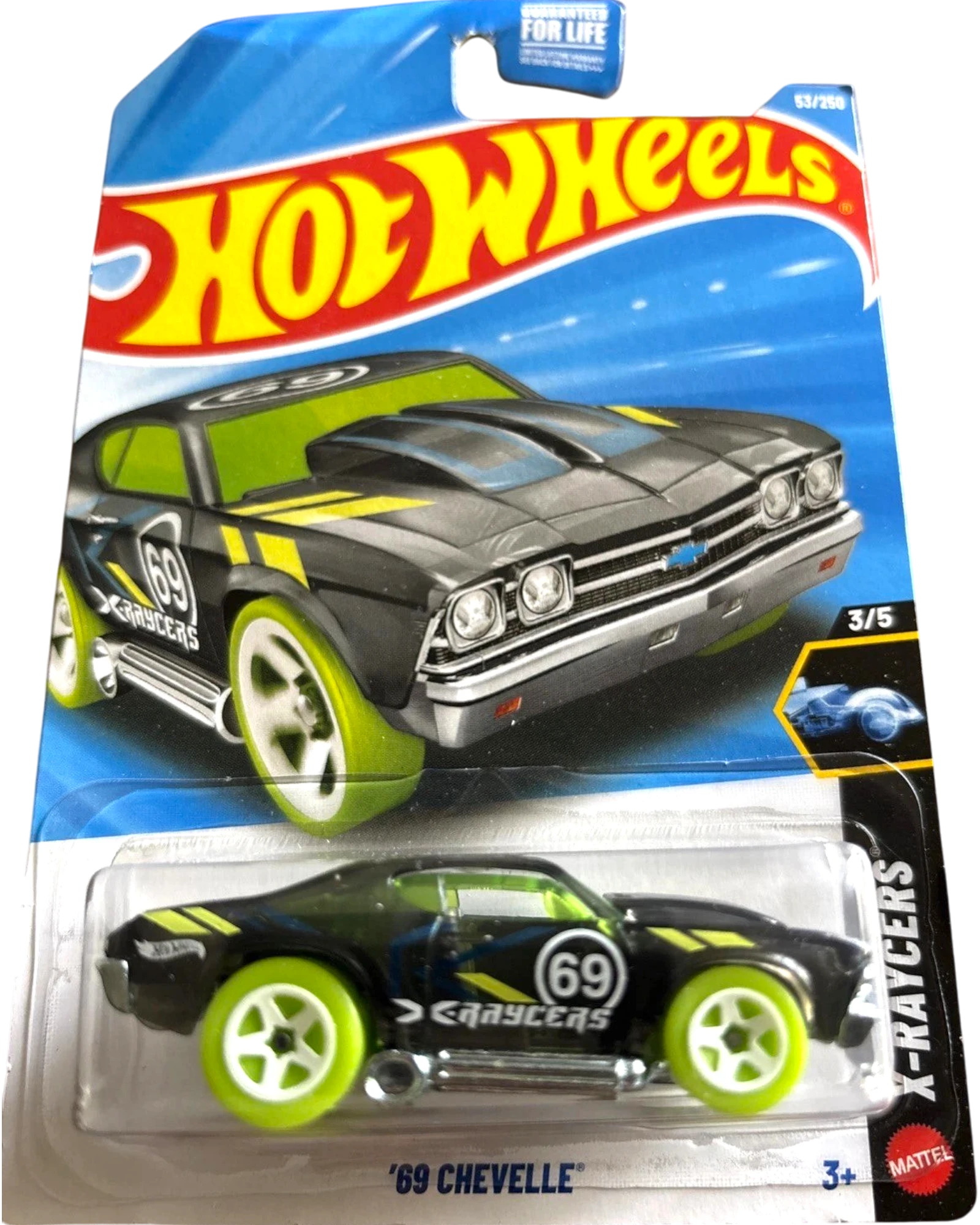 More Than Diecast Hot Wheels 69 Chevelle X-Racers diecast car, black with neon green wheels and accents.