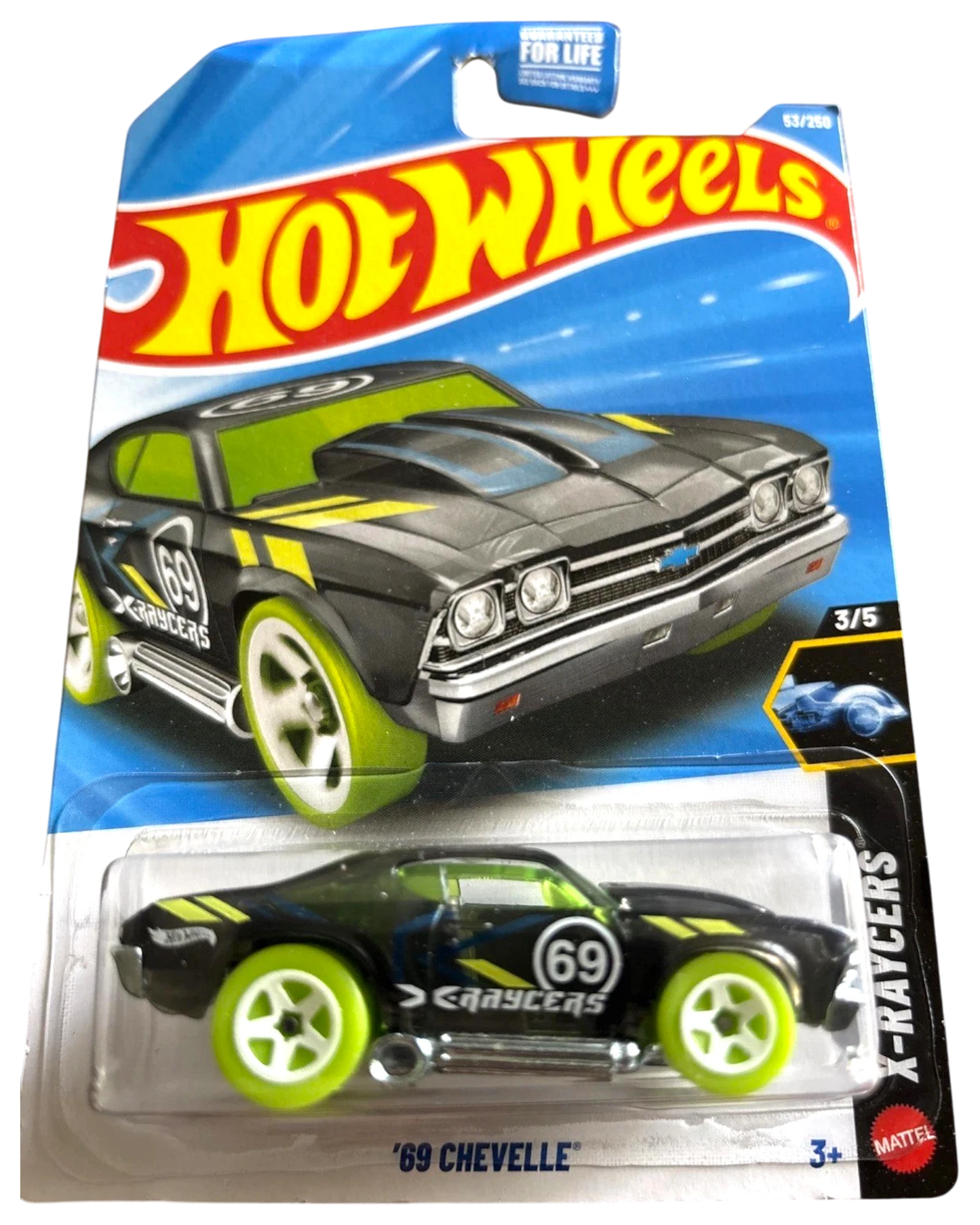 More Than Diecast Hot Wheels 69 Chevelle X-Racers diecast car, black with neon green wheels and accents.