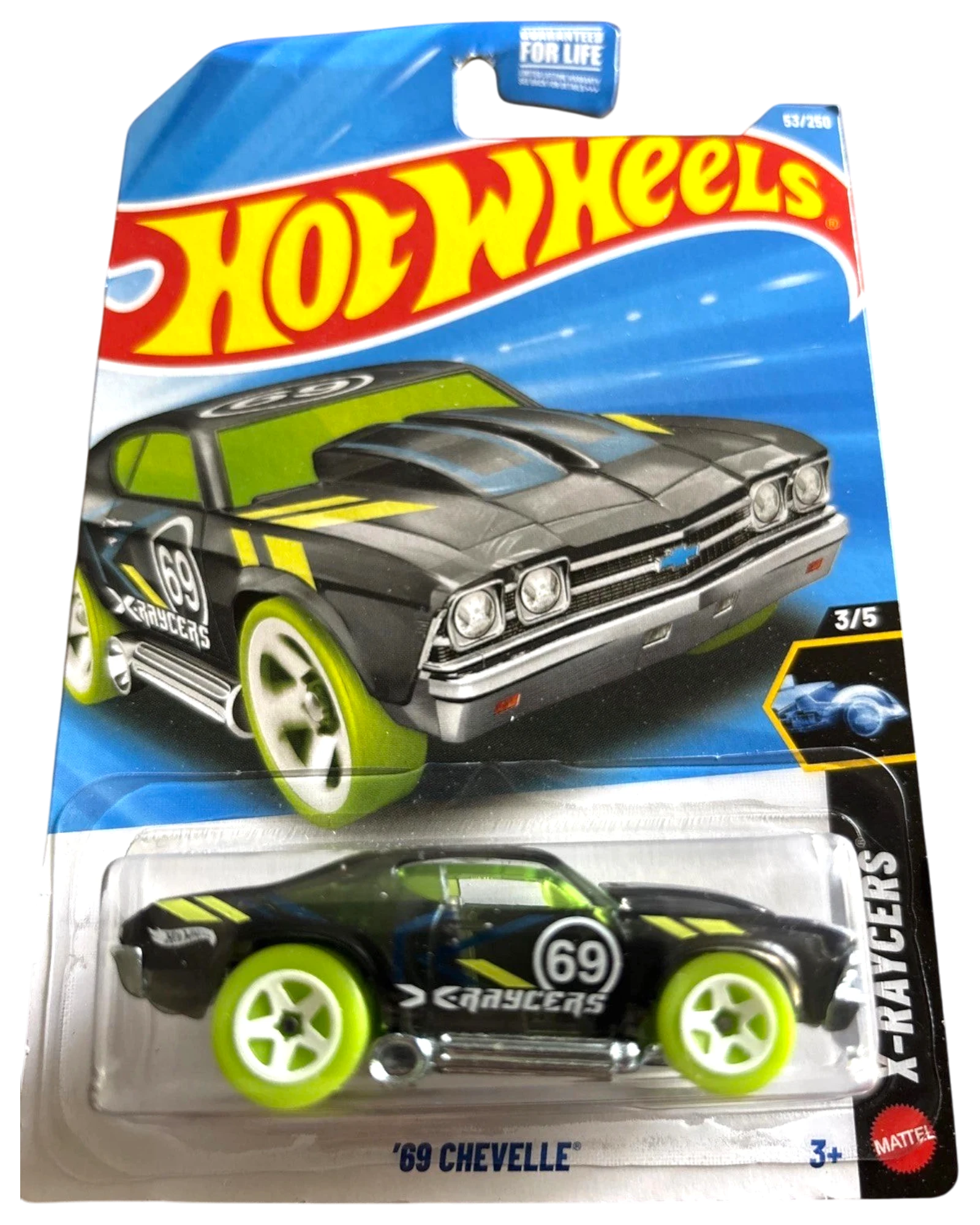 More Than Diecast Hot Wheels 69 Chevelle X-Racers diecast car, black with neon green wheels and accents.