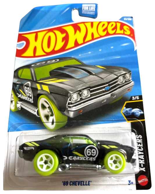 More Than Diecast Hot Wheels 69 Chevelle X-Racers diecast car, black with neon green wheels and accents.