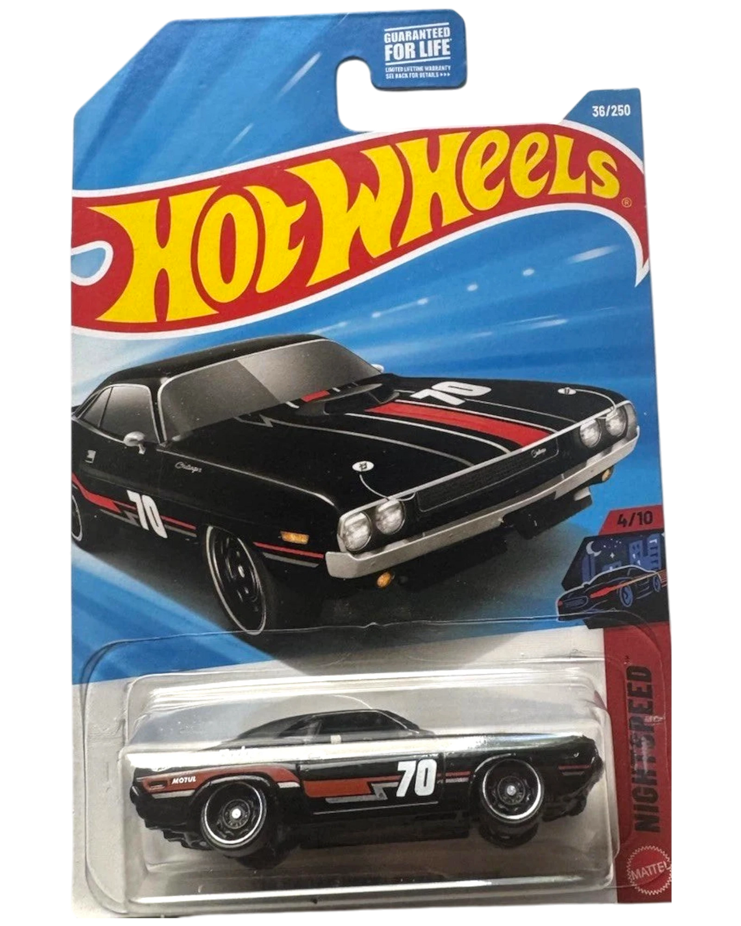 More Than Diecast 2026 Hot Wheels NIGHTSPEED '70 Dodge Hemi Challenger in black with red racing stripes and '70 graphic.