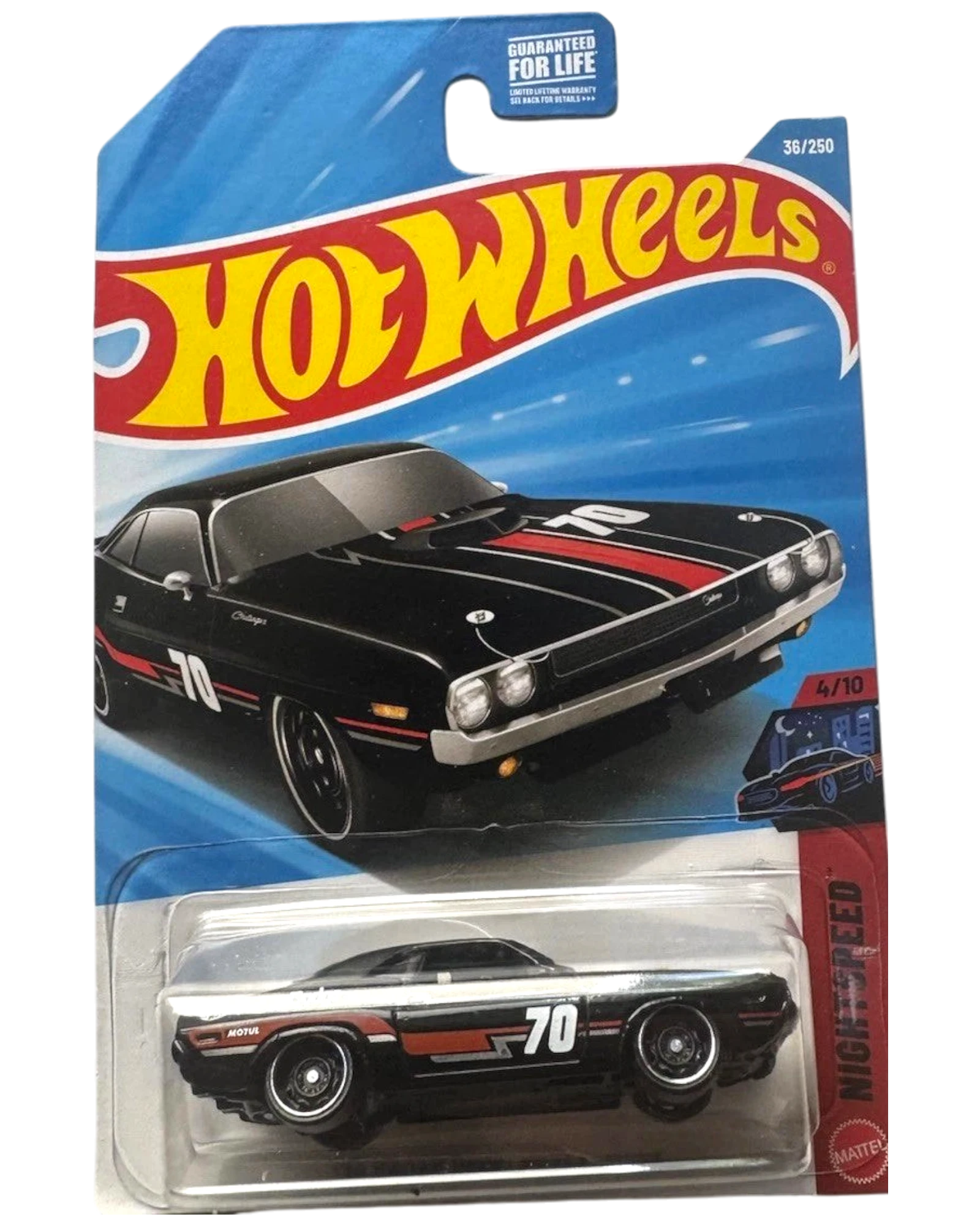 More Than Diecast 2026 Hot Wheels NIGHTSPEED '70 Dodge Hemi Challenger in black with red racing stripes and '70 graphic.