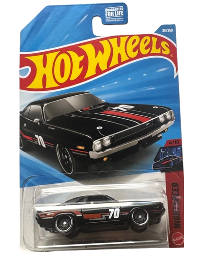 More Than Diecast 2026 Hot Wheels NIGHTSPEED '70 Dodge Hemi Challenger in black with red racing stripes and '70 graphic.
