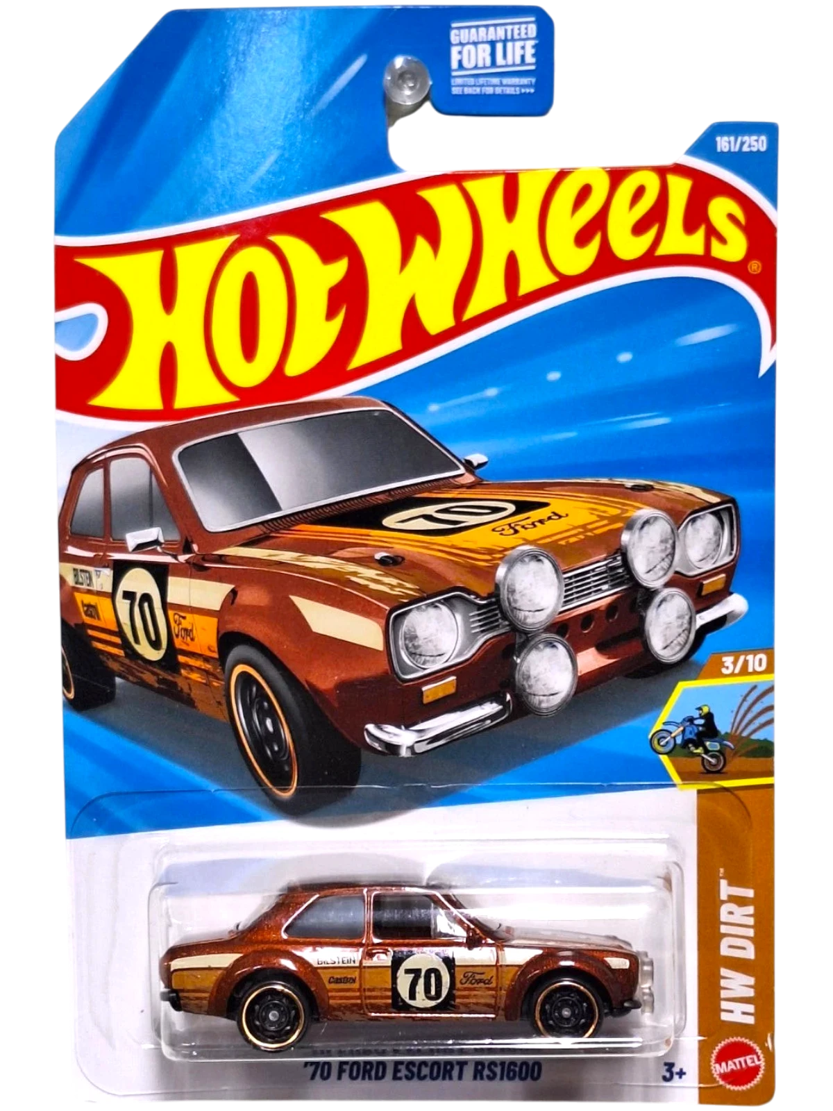 More Than Diecast Hot Wheels 1:64 scale 1970 Ford Escort RS1600 in brown with racing decals and rally lights.