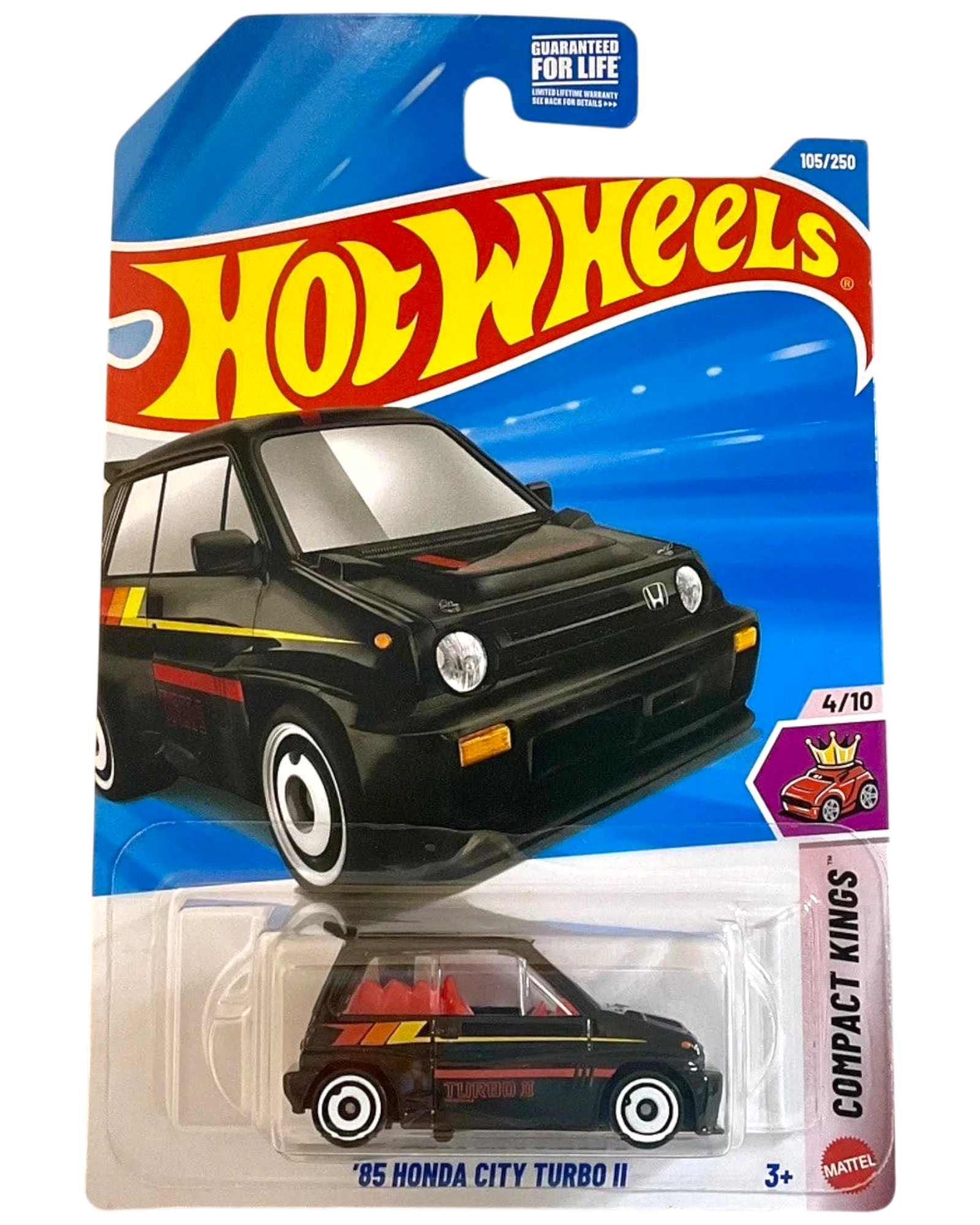More Than Diecast Hot Wheels '85 Honda City Turbo II diecast car, black with red and yellow racing stripes.