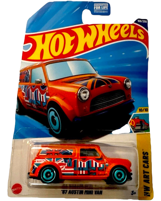 More Than Diecast Hot Wheels 2025 '87 Austin Mini Van in orange with Union Jack graphics and blue rims.