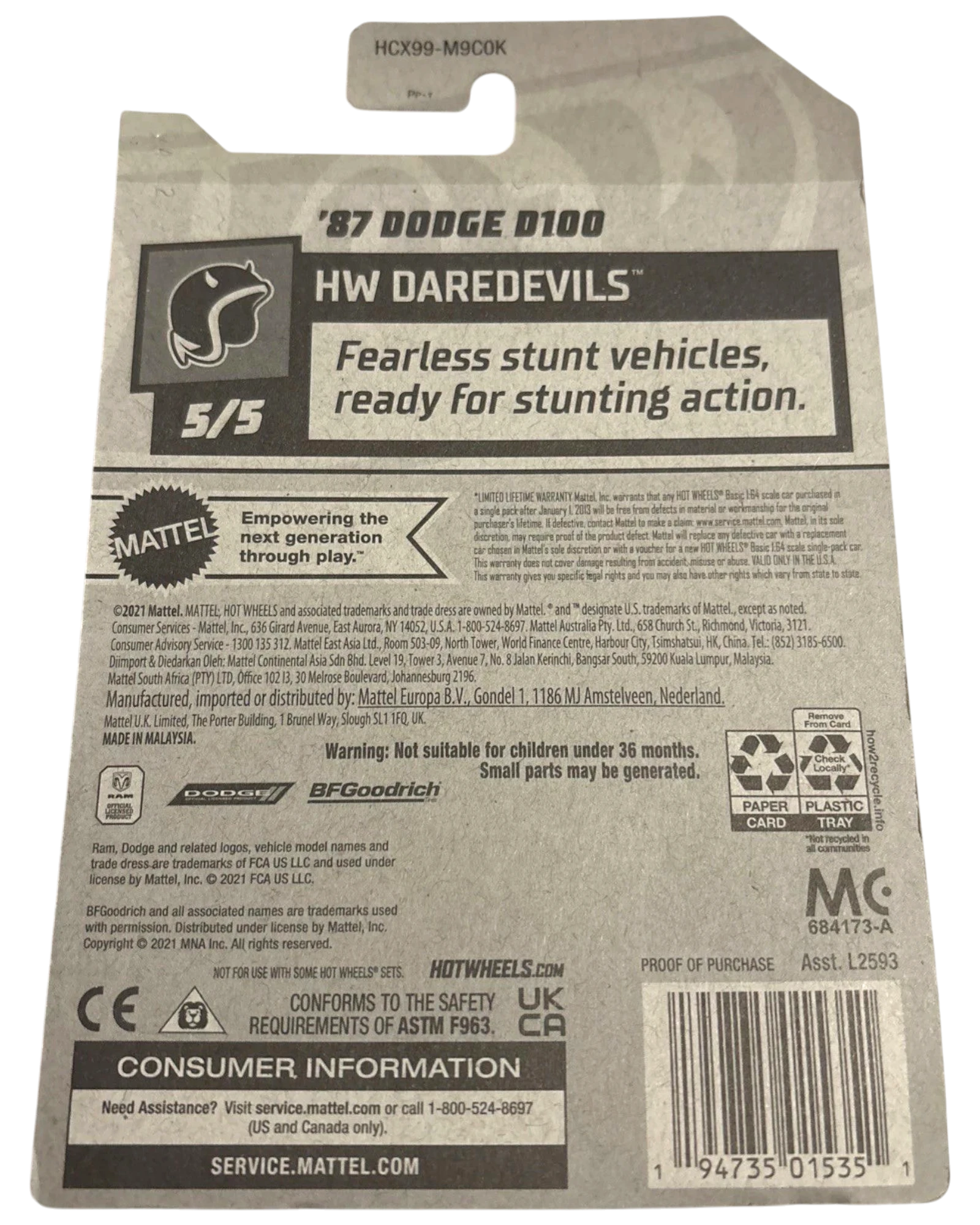 More Than Diecast 2023 Hot Wheels Treasure Hunt '87 Dodge D100 pickup truck, HW Daredevils series, black and grey packaging.