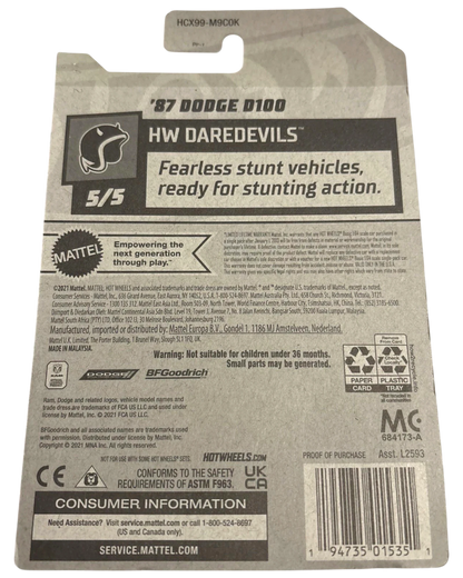 More Than Diecast 2023 Hot Wheels Treasure Hunt '87 Dodge D100 pickup truck, HW Daredevils series, black and grey packaging.