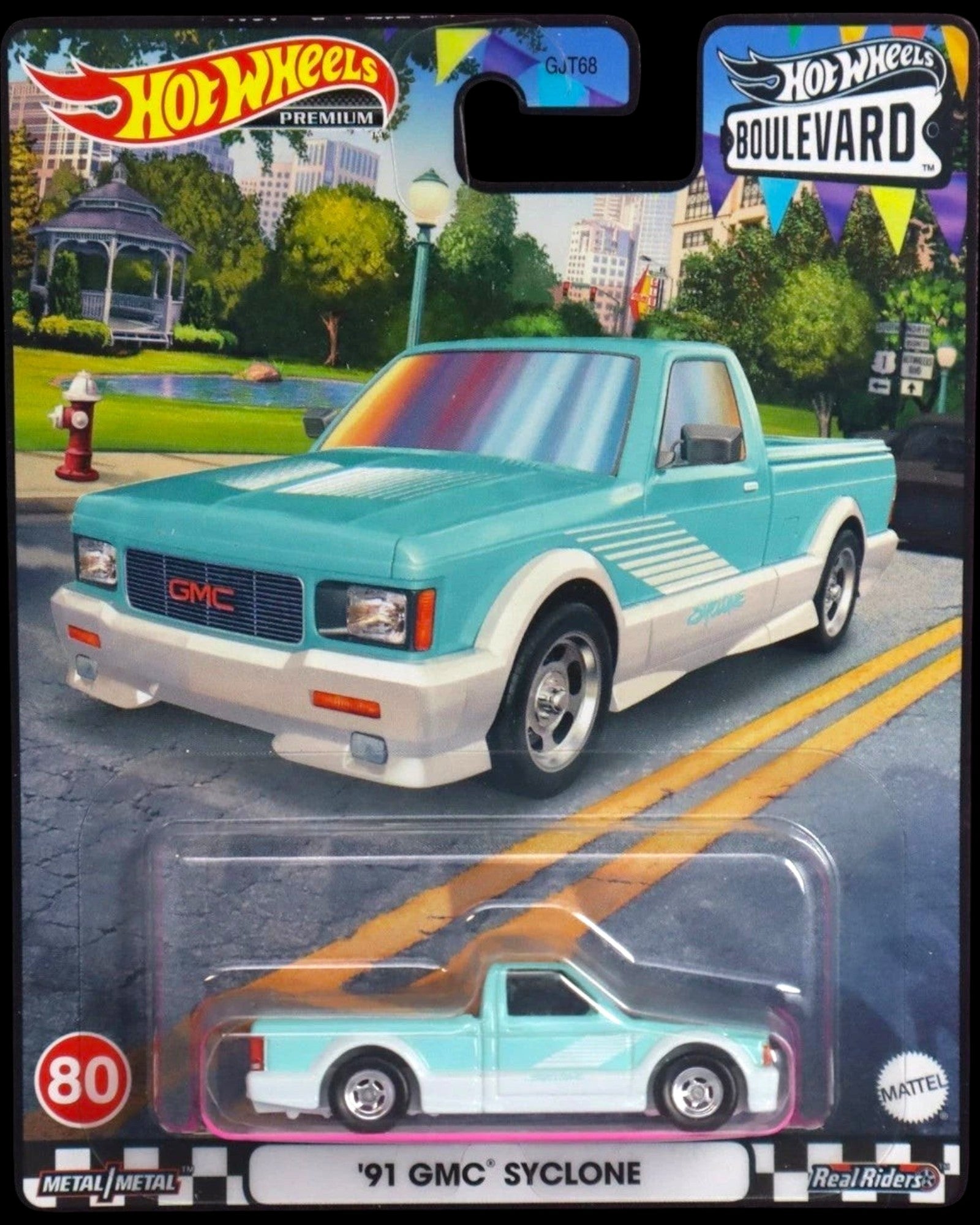 More Than Diecast Hot Wheels '91 GMC Syclone #80 diecast truck, teal and white with racing stripes.