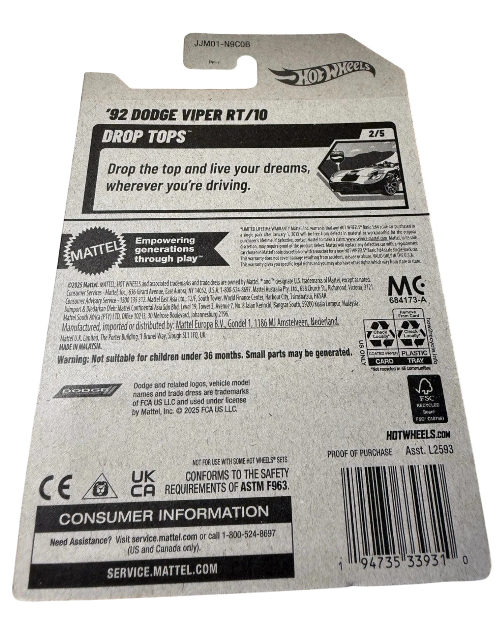 More Than Diecast '92 Dodge Viper RT/10 Drop Tops white 1:64 scale toy car packaging. Includes product details and Mattel branding.