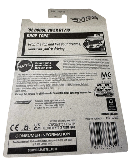 More Than Diecast '92 Dodge Viper RT/10 Drop Tops white 1:64 scale toy car packaging. Includes product details and Mattel branding.