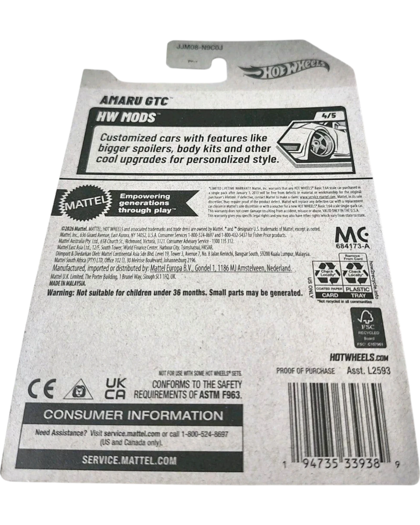More Than Diecast Hot Wheels Amaru GTC HW Mods Treasure Hunt card back with product information and safety warnings