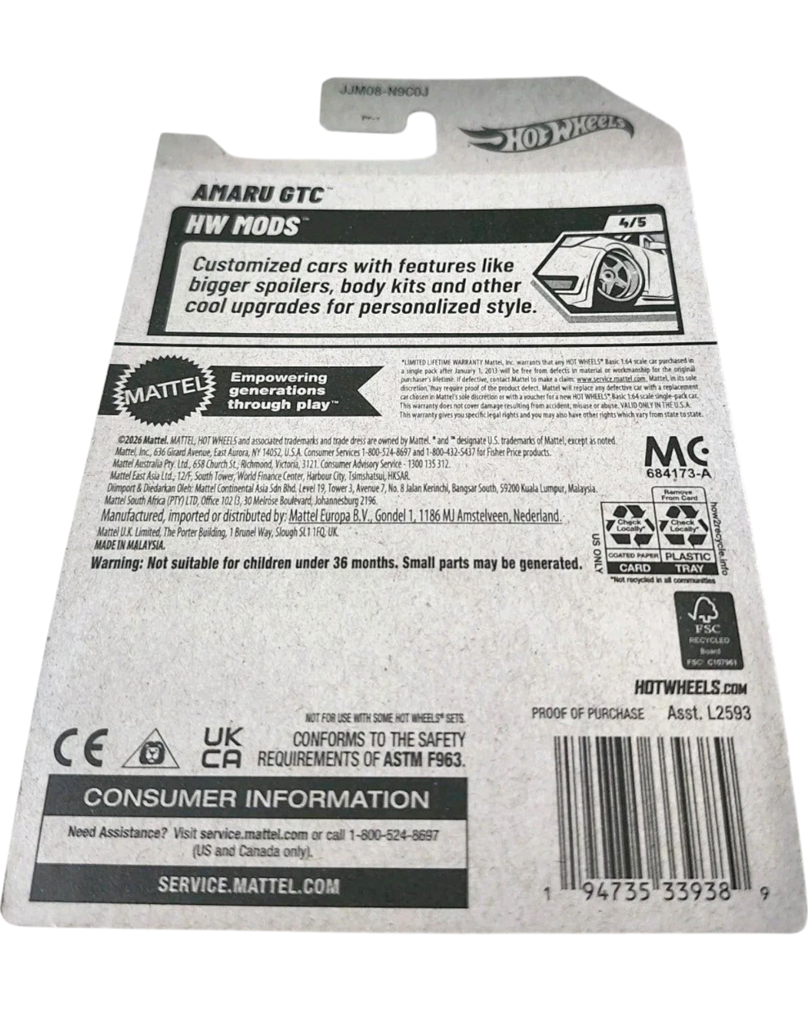 More Than Diecast Hot Wheels Amaru GTC HW Mods Treasure Hunt card back with product information and safety warnings