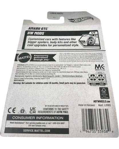 More Than Diecast Hot Wheels Amaru GTC HW Mods Treasure Hunt card back with product information and safety warnings