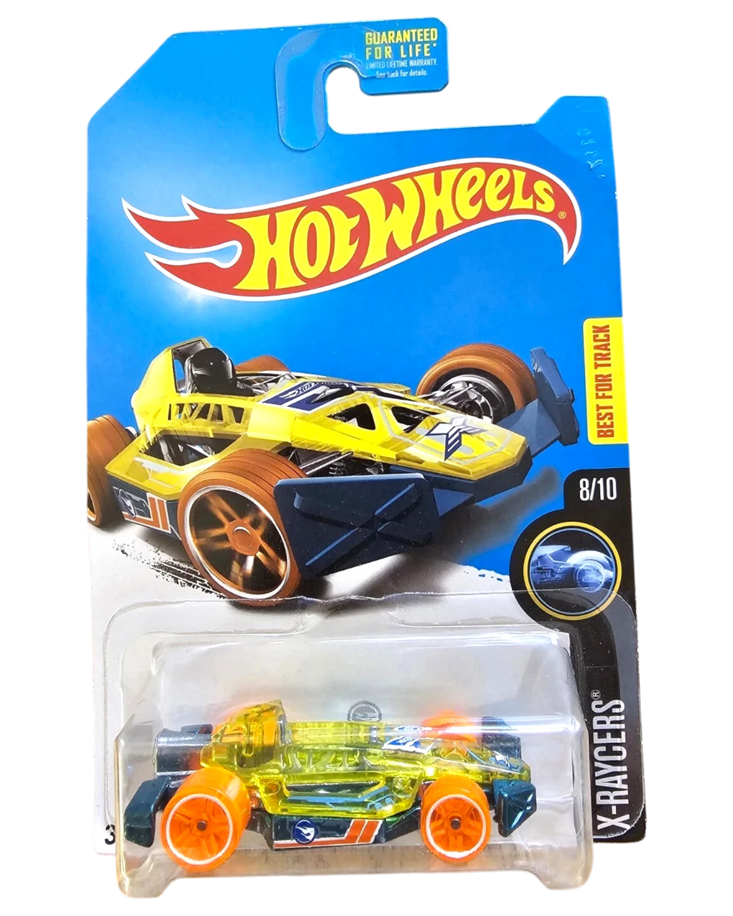 More Than Diecast Hot Wheels 2017 Arrow Dynamic Treasure Hunt X-Raycers 8/10 yellow and blue diecast car with orange wheels.