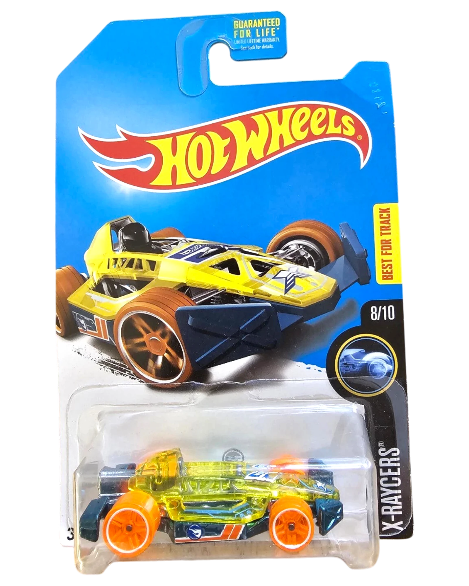 More Than Diecast Hot Wheels 2017 Arrow Dynamic Treasure Hunt X-Raycers 8/10 yellow and blue diecast car with orange wheels.