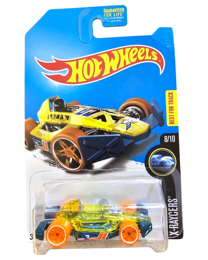 More Than Diecast Hot Wheels 2017 Arrow Dynamic Treasure Hunt X-Raycers 8/10 yellow and blue diecast car with orange wheels.