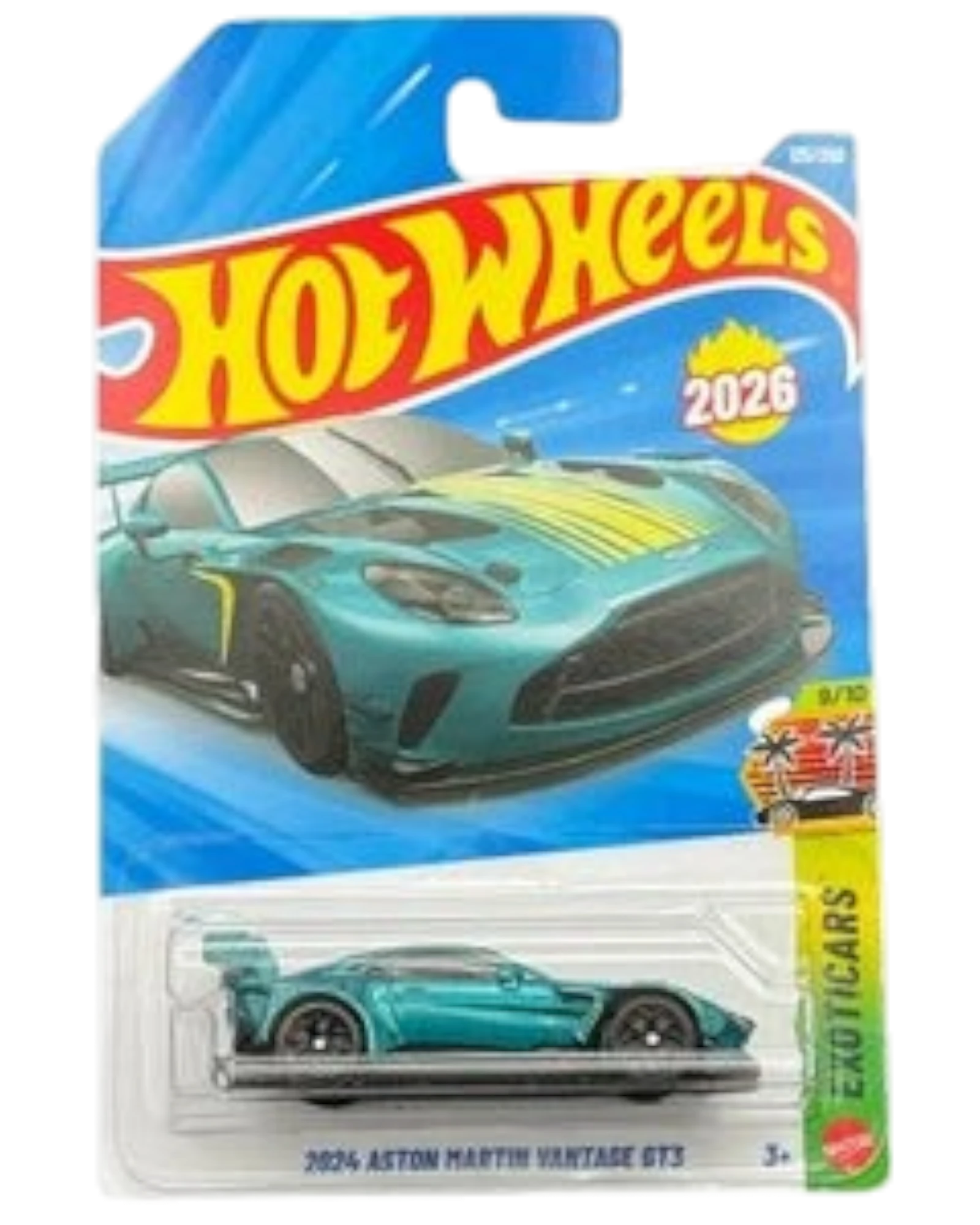 More Than Diecast 2024 Aston Martin Vantage GT3 Hot Wheels 9/10 Exoticars, teal green diecast car with yellow racing stripes.
