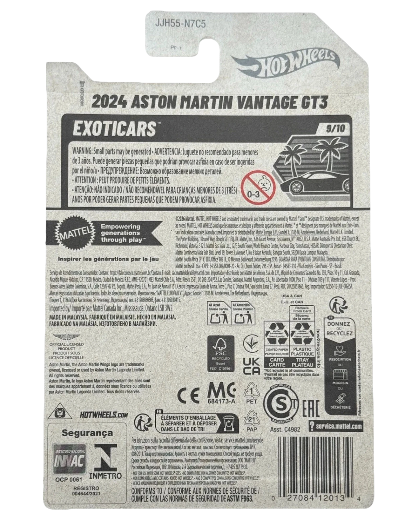 More Than Diecast Hot Wheels 2024 Aston Martin Vantage GT3 Exotics car packaging with warning labels and recycling information.