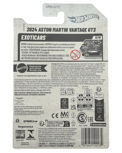 More Than Diecast Hot Wheels 2024 Aston Martin Vantage GT3 Exotics car packaging with warning labels and recycling information.
