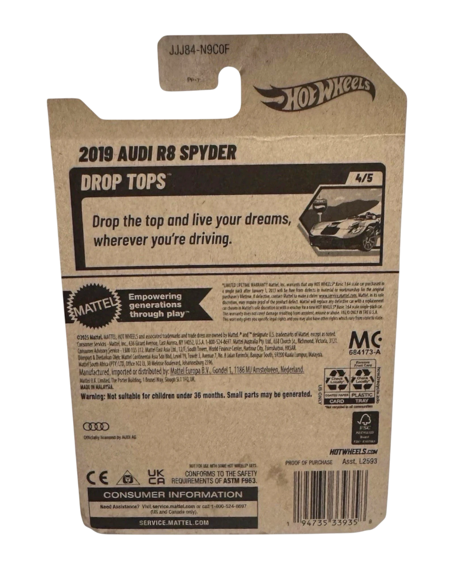 More Than Diecast Hot Wheels 2019 Audi R8 Spyder packaging back view showing product details and branding