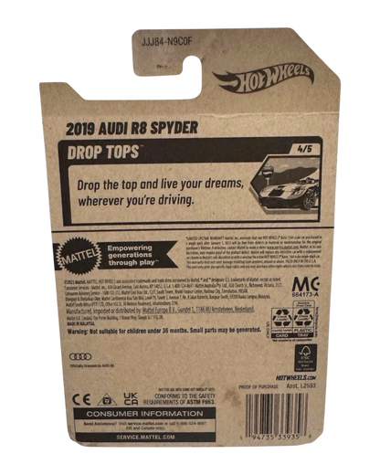 More Than Diecast Hot Wheels 2019 Audi R8 Spyder packaging back view showing product details and branding