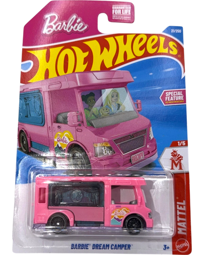 More Than Diecast Hot Wheels Barbie Dream Camper toy vehicle, pink with Barbie graphics and tinted windows.