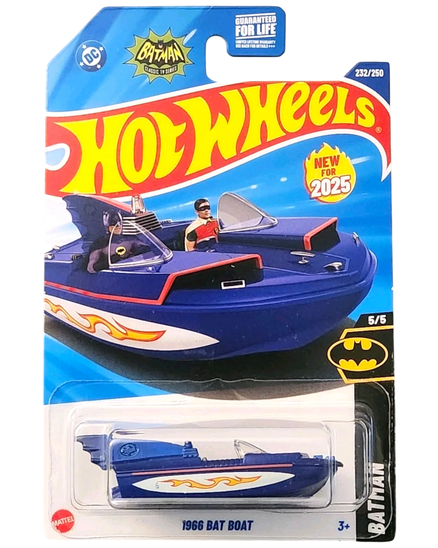 More Than Diecast Hot Wheels 1966 Bat Boat, blue diecast with flame decals and Batman figure. Classic TV Series.