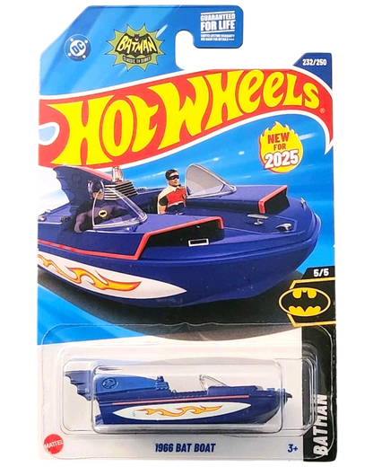 More Than Diecast Hot Wheels 1966 Bat Boat, blue diecast with flame decals and Batman figure. Classic TV Series.