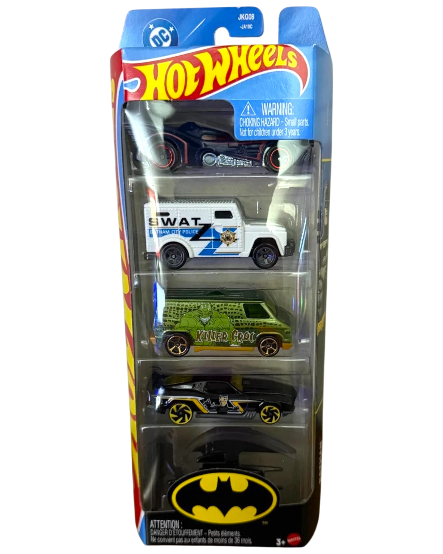 More Than Diecast 2025 Hot Wheels Batman 5-pack featuring Batmobile, SWAT van, Killer Croc van, and themed vehicles.