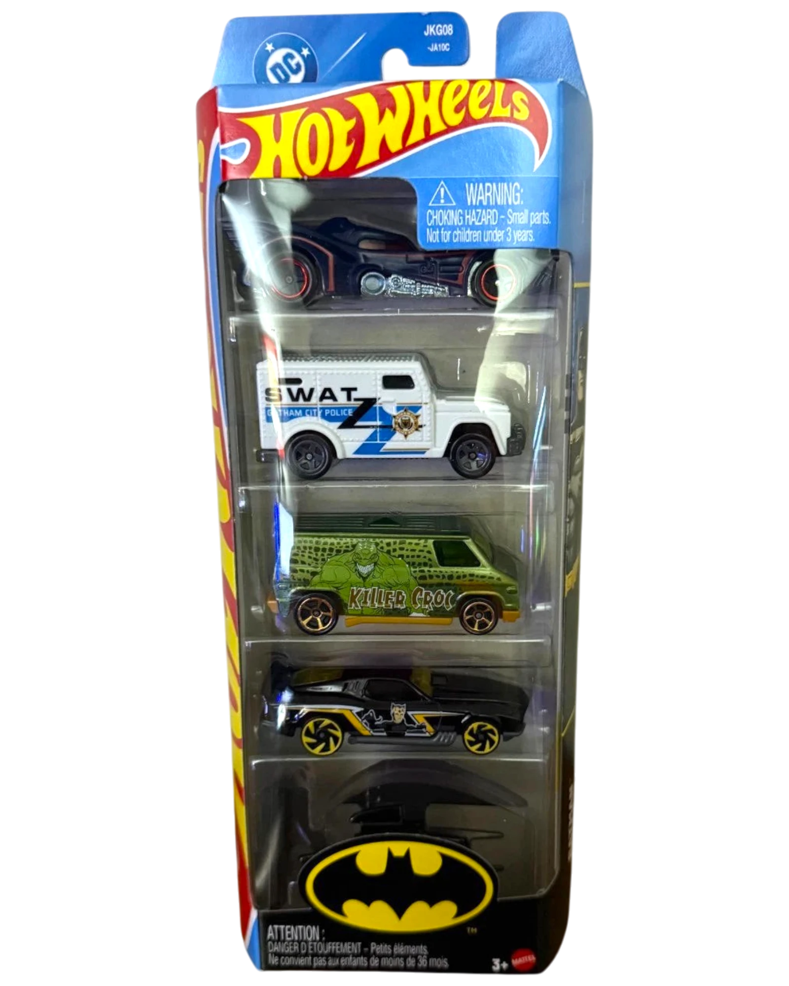 More Than Diecast 2025 Hot Wheels Batman 5-pack featuring Batmobile, SWAT van, Killer Croc van, and themed vehicles.