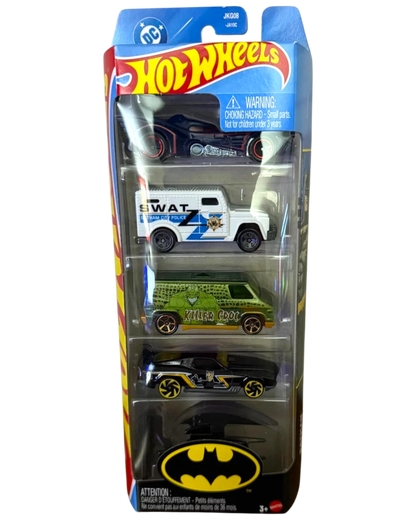 More Than Diecast 2025 Hot Wheels Batman 5-pack featuring Batmobile, SWAT van, Killer Croc van, and themed vehicles.