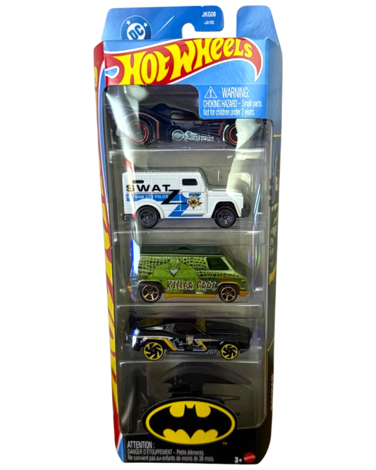 More Than Diecast 2025 Hot Wheels Batman 5-pack featuring Batmobile, SWAT van, Killer Croc van, and themed vehicles.