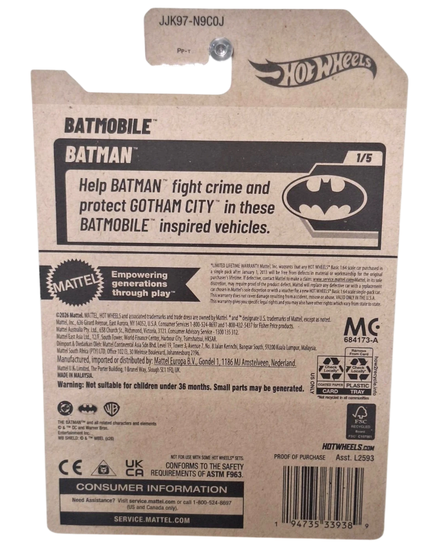 Back of More Than Diecast Hot Wheels Batmobile packaging featuring Batman branding and product information.