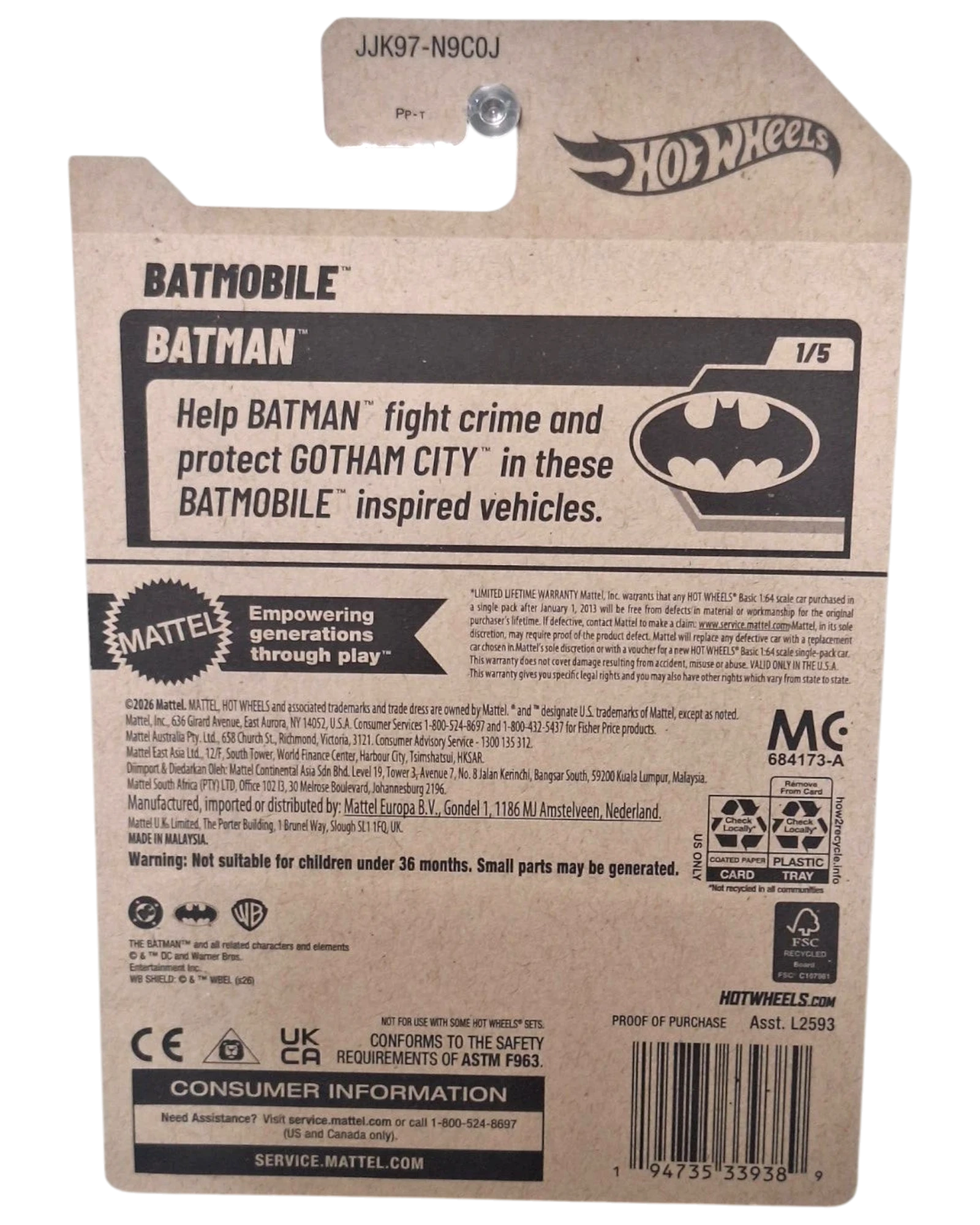 Back of More Than Diecast Hot Wheels Batmobile packaging featuring Batman branding and product information.