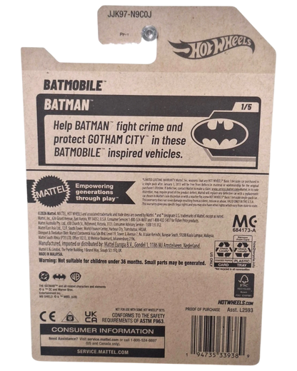 Back of More Than Diecast Hot Wheels Batmobile packaging featuring Batman branding and product information.
