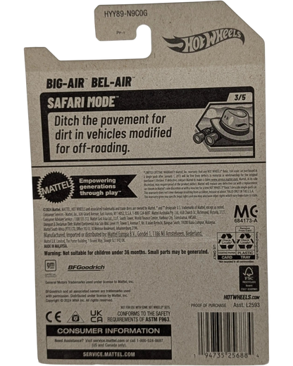 Back of More Than Diecast Hot Wheels 2025 Big-Air Bel-Air Safari Mode packaging with product details and barcode