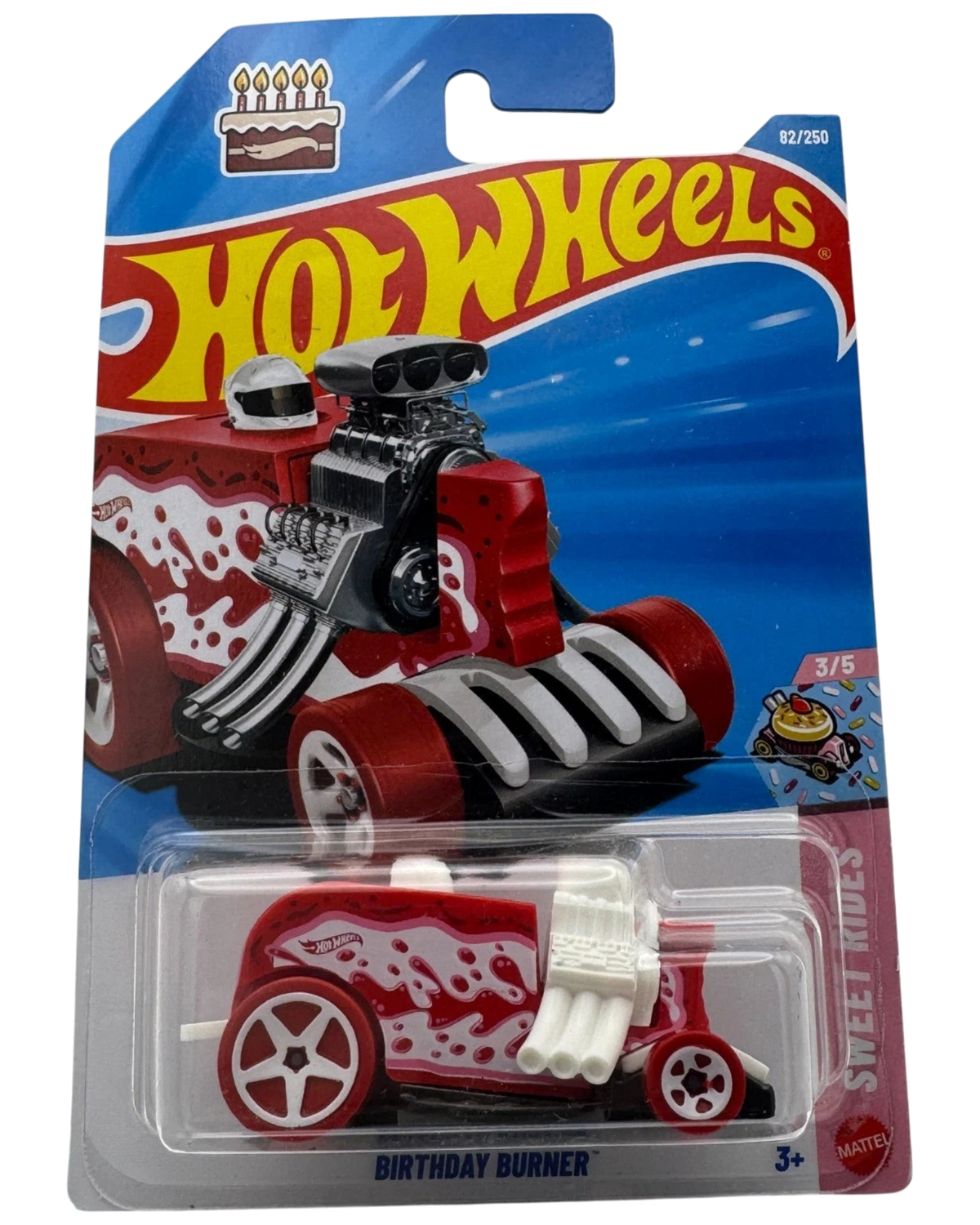 More Than Diecast Hot Wheels Birthday Burner red and white custom pickup truck in original blister packaging