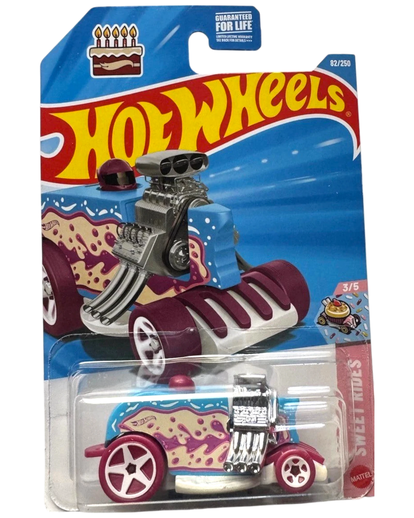 More Than Diecast Hot Wheels 2026 SWEET RIDES Birthday Burner toy car, blue with pink and yellow frosting design, chrome engine, burgundy wheels.