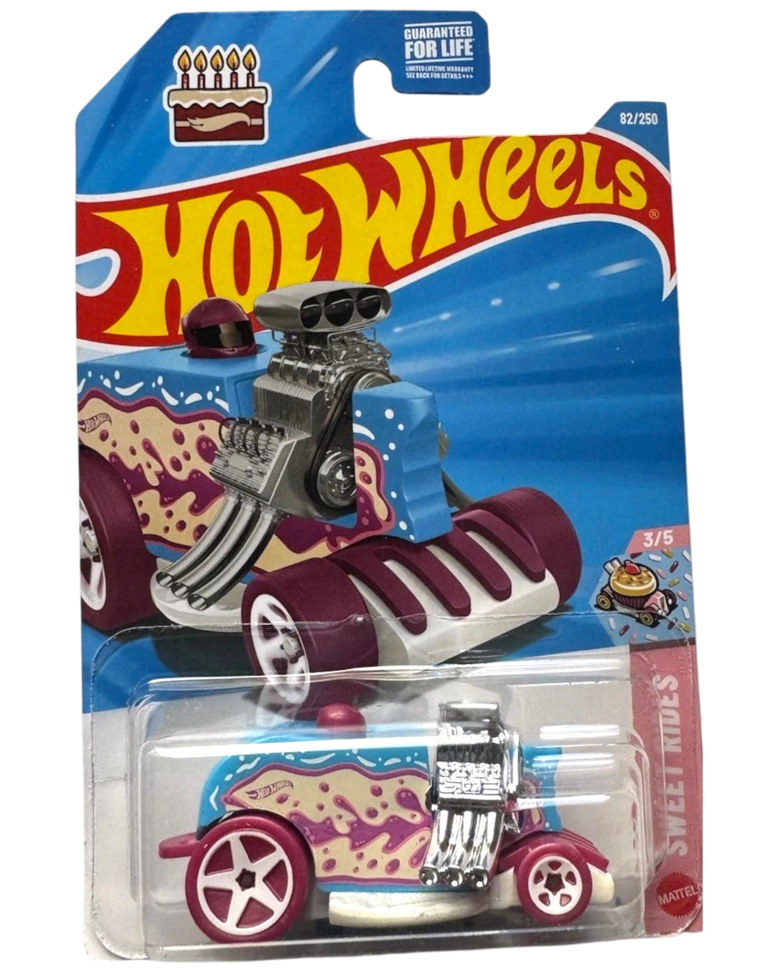 More Than Diecast Hot Wheels 2026 SWEET RIDES Birthday Burner toy car, blue with pink and yellow frosting design, chrome engine, burgundy wheels.