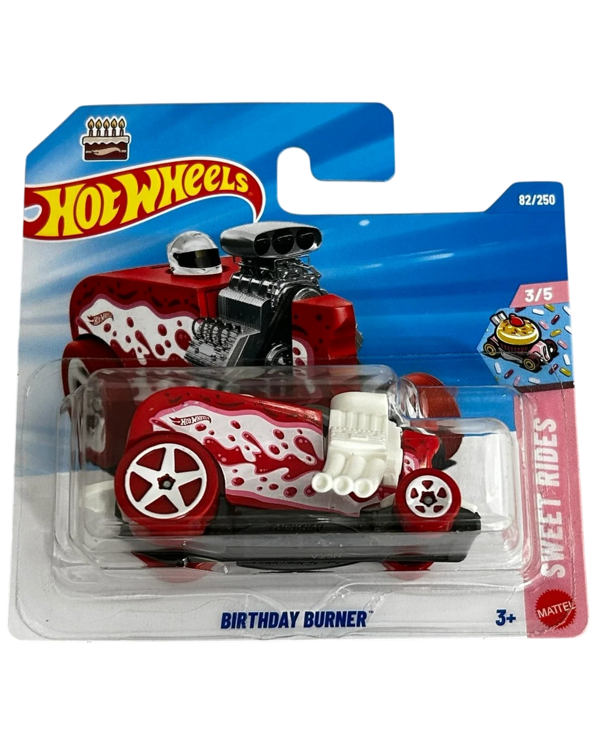 More Than Diecast Hot Wheels Birthday Burner 1:64 scale die-cast car in red and white short card packaging