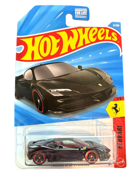 More Than Diecast Hot Wheels black Ferrari SF90 Stradale toy car with red trim on wheels.