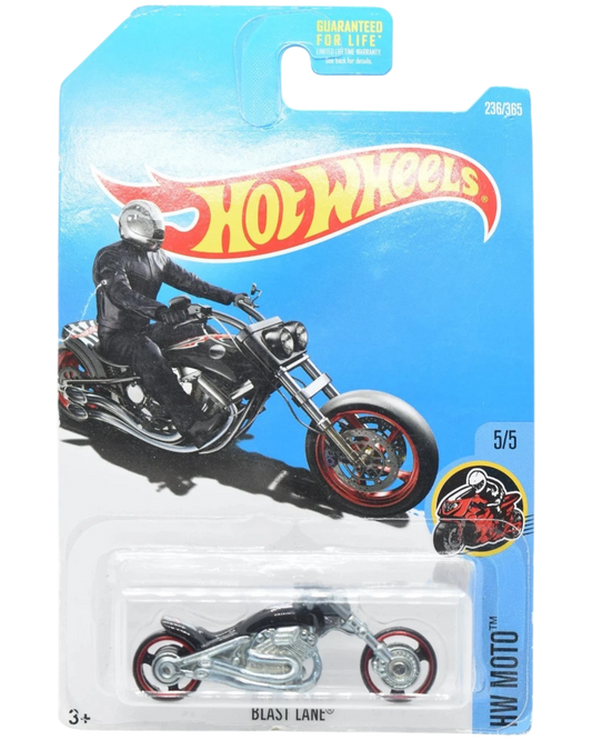 More Than Diecast Hot Wheels Blast Lane motorcycle in black with red wheels on a blue blister card packaging