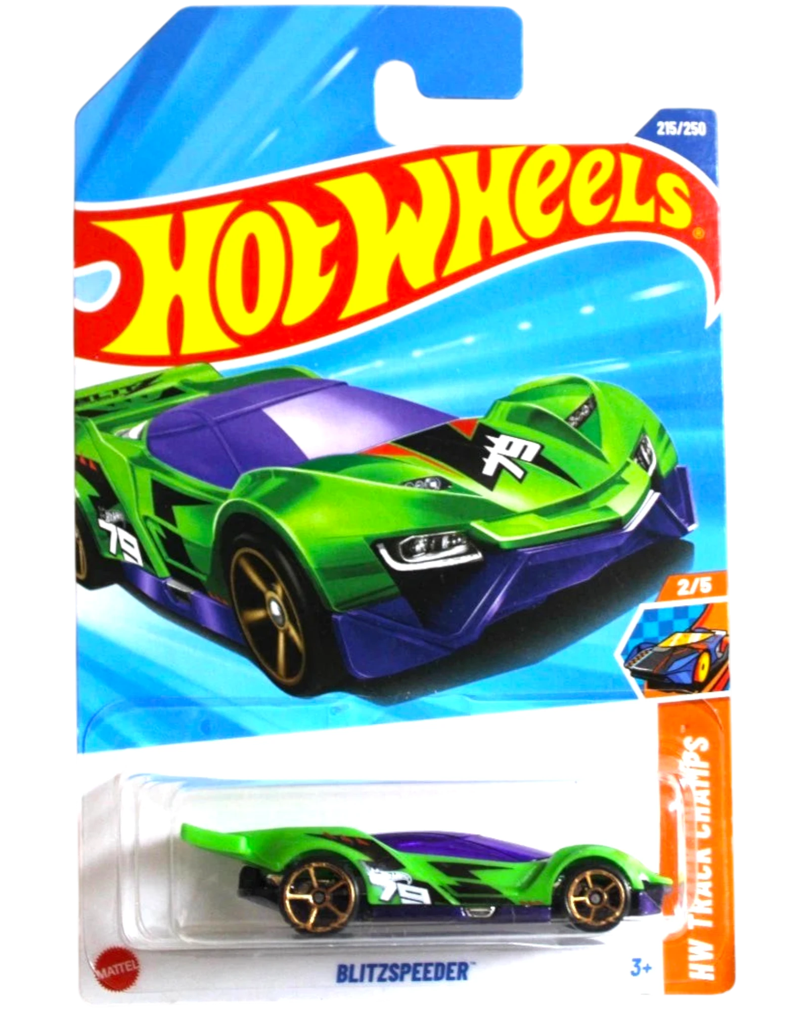 More Than Diecast Hot Wheels Blitzspeeder 1:64 scale die-cast model car in green with purple accents and gold wheels.