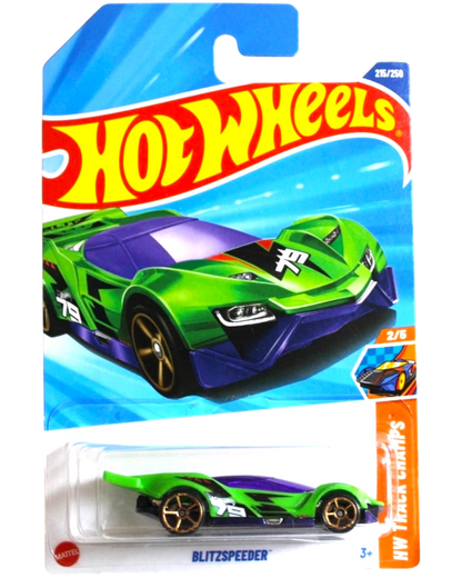 More Than Diecast Hot Wheels Blitzspeeder 1:64 scale die-cast model car in green with purple accents and gold wheels.