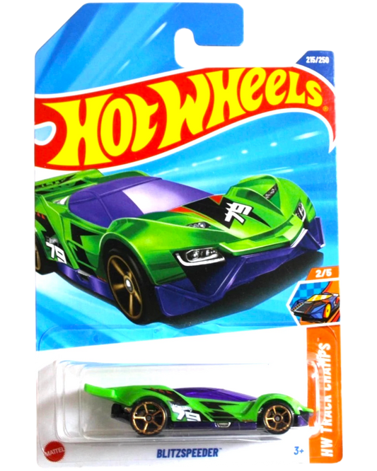 More Than Diecast Hot Wheels Blitzspeeder 1:64 scale die-cast model car in green with purple accents and gold wheels.
