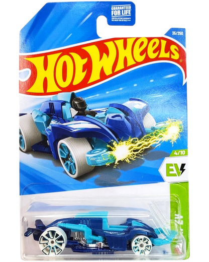 More Than Diecast Hot Wheels 2026 blue and white electric race car with lightning accents on card.