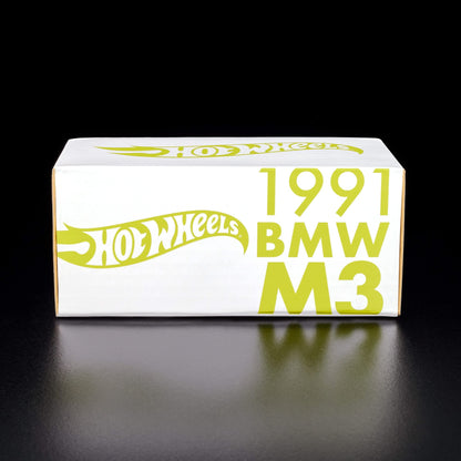 More Than Diecast Hot Wheels RLC 1991 BMW M3 white display box with olive green branding on a black background