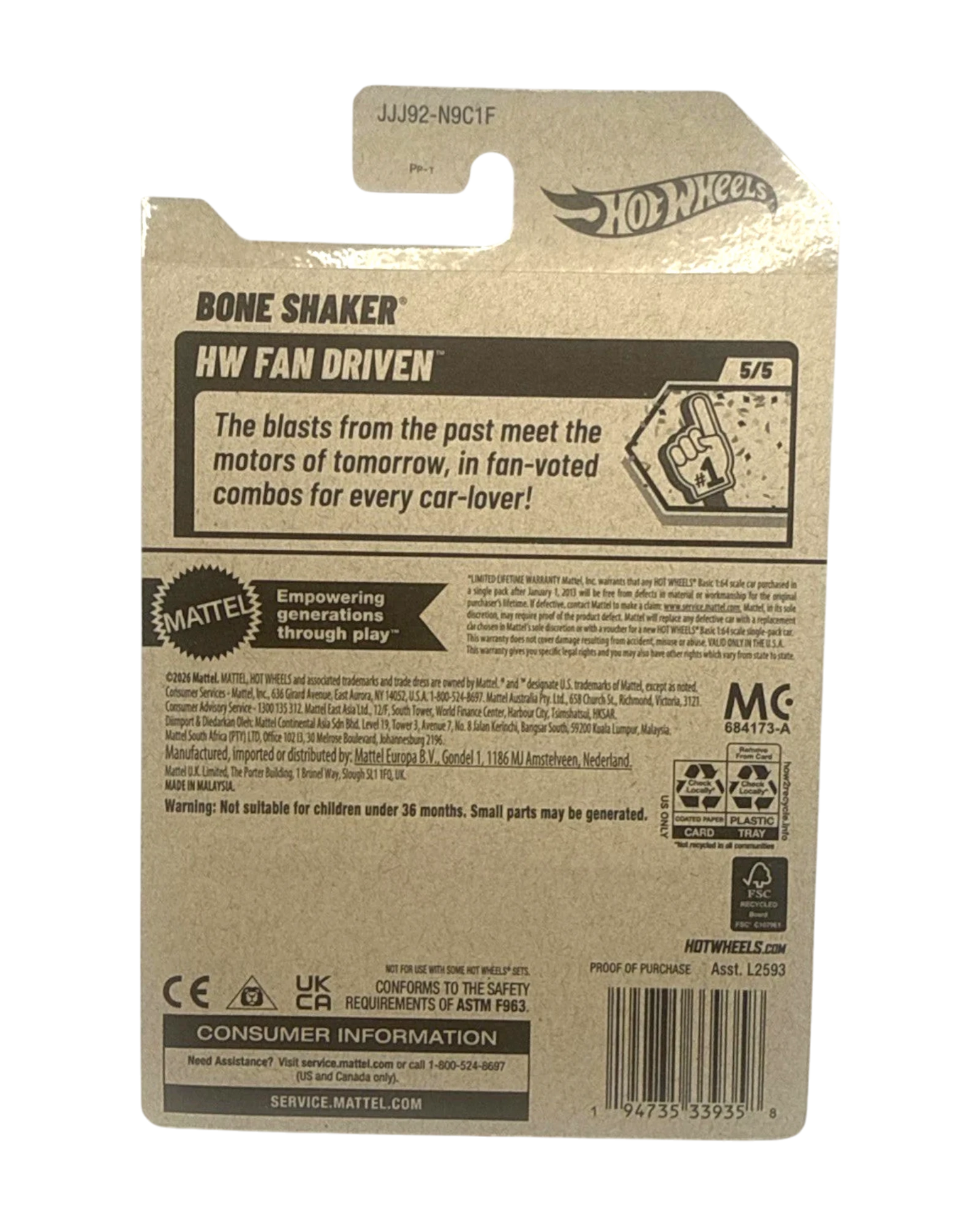 More Than Diecast Hot Wheels Bone Shaker HW Fan Driven card back showing product information and serial number