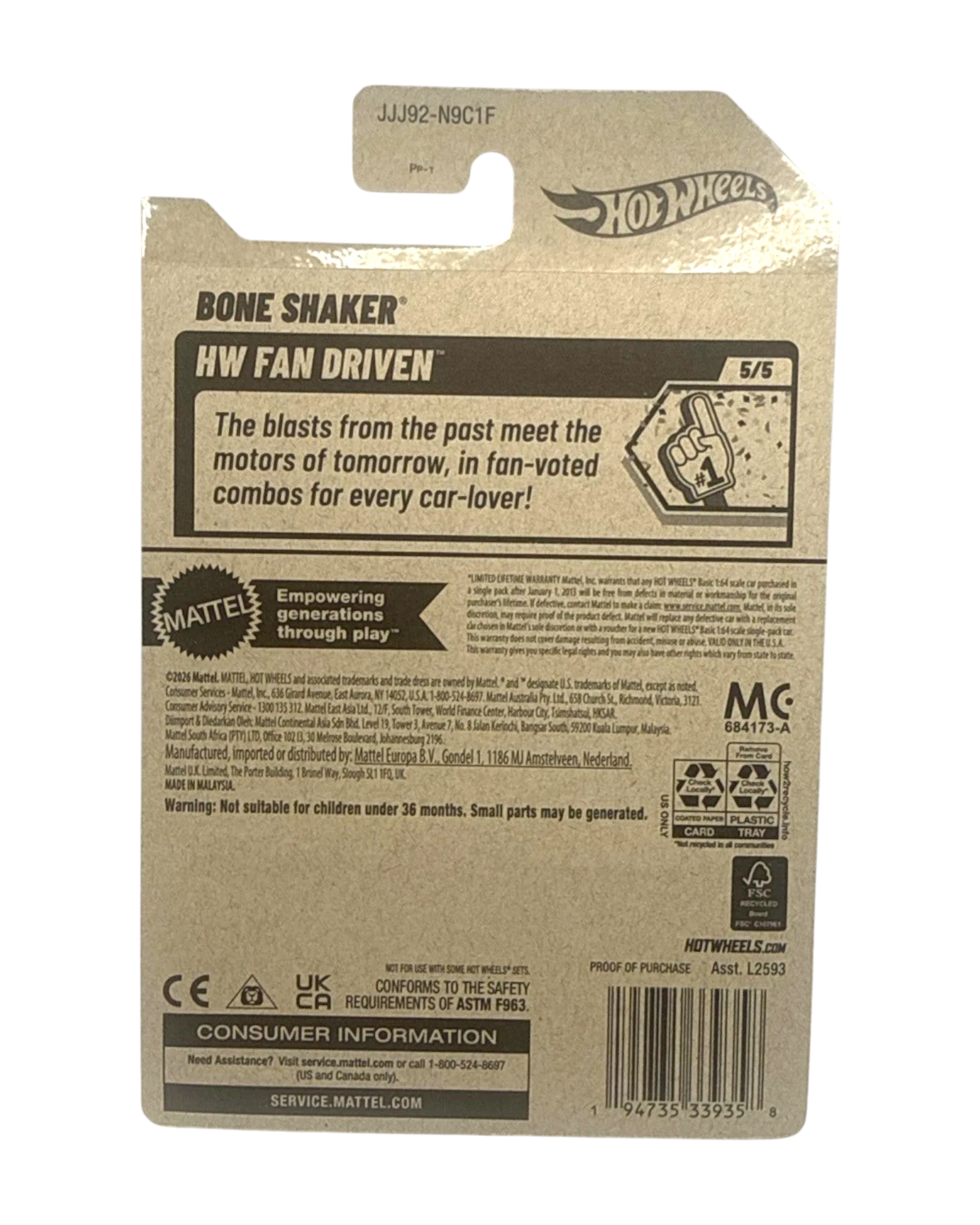 More Than Diecast Hot Wheels Bone Shaker HW Fan Driven card back showing product information and serial number
